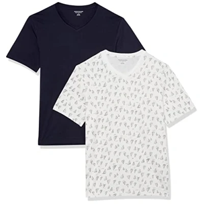 Afbeelding van Amazon Essentials Heren Slim Fit T shirt met korte mouwen en V hals, verpakking van 2 stuks, marineblauw/bootprint, S