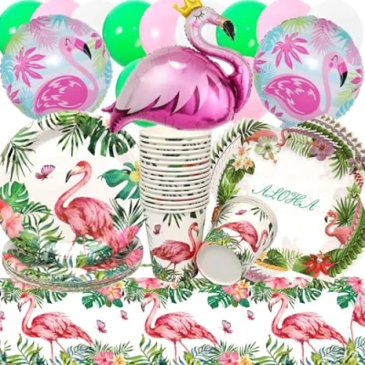 Afbeelding van Doyomtoy servies voor Hawaii feestjes, 76 stuks, flamingo, verjaardagsdecoratie, ballonnen, Hawaï, verjaardagsborden, kopjes, servetten babyshower, kinderen, verjaardag