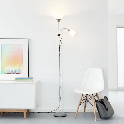 Afbeelding van Lightbox LED Deckenfluter mit warmweißer Lichtfarbe Dekorative Stehleuchte Schalter und einstellbaren Lesearm Metall/Kunststoff Grau/Weiß Höhe 1,8m