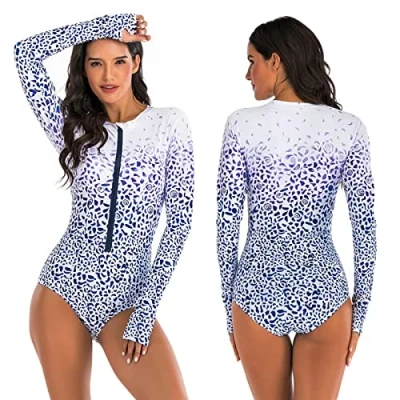 Afbeelding van BOMBIKINI surfbadkleding voor dames, uit één stuk bestaande UV bescherming en rashguard met lange mouwen,Wit paars,L