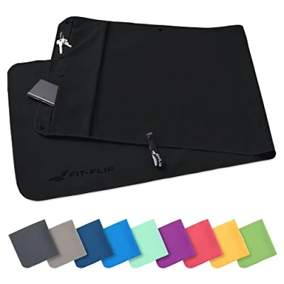 Afbeelding van Fitness handdoek set met vak ritssluiting + magneetclip, voor patent aangemelde multifunctionele handdoek, microvezel (Zwart)