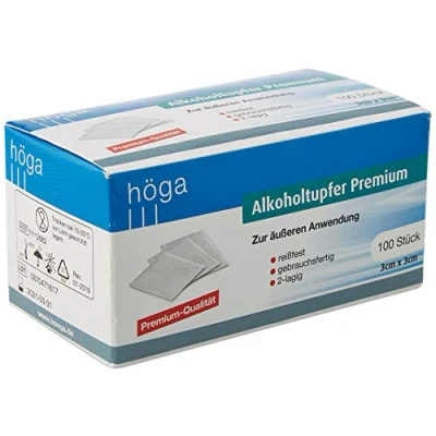 Afbeelding van Höga Pharm Alcoholdoekjes Premium, voor uitwendig gebruik, scheurvast, gebruiksklaar, 2 laags, 1 pack (1 x 100 stuks)