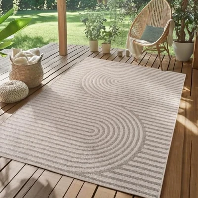 Afbeelding van SIMPEX Buiten Vloerkleed beige 140x200 cm, weerbestendig en UV bestendig, ideaal voor de keuken, balkon, terras, evenals woonkamer eetkamer, Scandinavisch boho design
