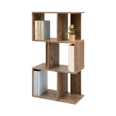 Afbeelding van Iris Ohyama, Decoratieve boekenkast met 3 planken/ S vormige boekenplank, Ontwerp, Modulare, kantoor, kamer, bibliotheek Display Shelf SRK W3 AsBruin