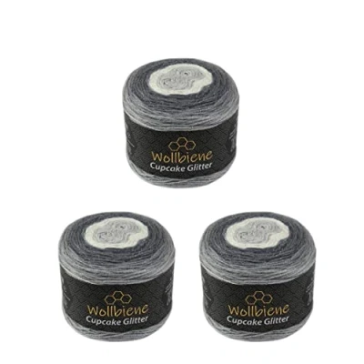 Afbeelding van Cupcake glitter Simli 3 x 150 g breiwol 450 gram wol voor breien en haken, babywol, Turkse wol, kleurverloopwol, (3100 donkergrijs lichtgrijs wit)