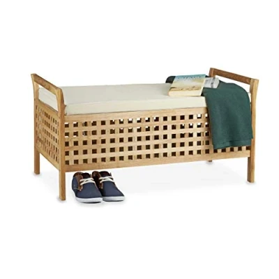 Afbeelding van Relaxdays Zitbank walnoot met opbergruimte HBT: 46,5 x 92,6 49,0 cm houten kist zitcommode linnen bekleding, plankmeubilair kistbank, natuurlijk wit