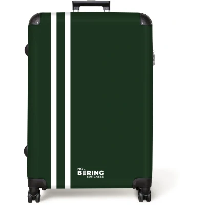 Afbeelding van NoBoringSuitcases.com® Koffer groot Reiskoffer lichtgewicht Donkergroene achtergrond met dubbele witte zijstrepen links Rolkoffer 4 wielen Grote trolley XL 98 liter bagage