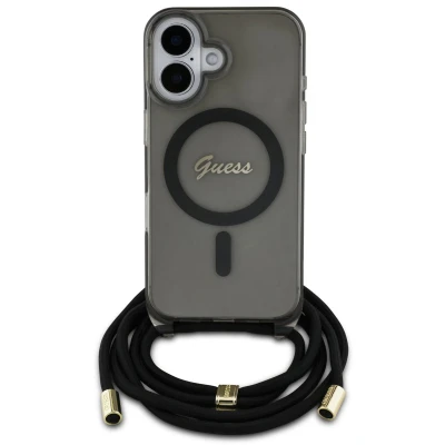 Afbeelding van Guess GUHMP16SHCTSGNSK iPhone 16 6,1&quot; czarny/zwart hardcase Crossbody Cord Script MagSafe (Apple 16), Smartphonehoes, Zwart