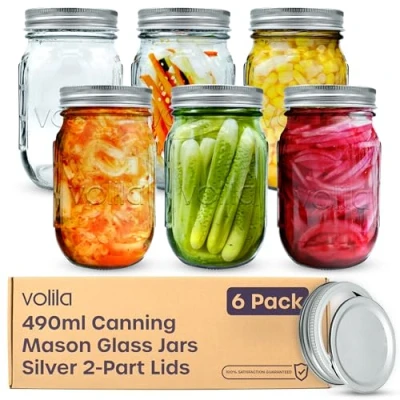 Afbeelding van volila Mason Jar (490 ml) 6 Stuk Glazen Metselaarpotten Met 2 Delig Deksels, Potten voor Overnight Oats, Inmaken en Jam Maken 16oz, Porta Biscotti, Contenitore vetro