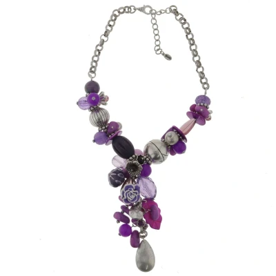 Afbeelding van Behave ketting grote zilver kleur paars bloemen grove kralen hangers dames 50cm