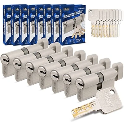 Afbeelding van Gercar Pro Knopcilinders, gelijksluitend, 7 stuks, 30/30, set van cilindersloten met knop en 35 sleutels, 60 mm deurslot, cilinderslot, cilinders, lengte mm, A:30 B:30, messing, mat, massief