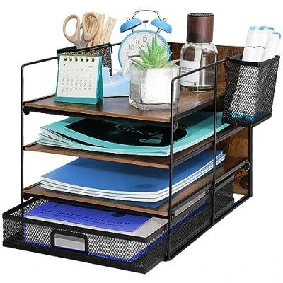 Afbeelding van 4 laags brievenbak, metalen gaas archieflade voor kantoorbureau, bureauorganizer lade met penhouder, papieren map, bureau opgeruimde organizer A4, bestandsdocumenthouder thuiskantoor,