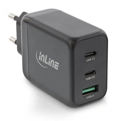 Afbeelding van InLine 31506F USB oplader, 3 poort, 2 x C, 1 A, GaN technologie, 65 W, snellader, PD3.0, QC 4+, voeding voor MacBook Pro/Air, iPhone/Pro/mini, iPad Pro, Pixel en meer, zwart