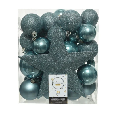 Afbeelding van Decoris Kerstballen 33 stuks ijsblauw inclusief ster piek