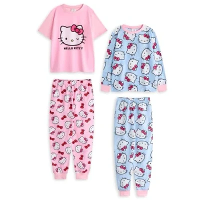 Afbeelding van Hello Kitty meisjes pyjamaset, set van 2 Blauw en roze witte grafische top met korte mouwen pyjamabroek lange pijpen Kinderkitten personage all over print nachtkleding Sanrio