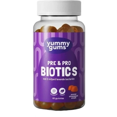 Afbeelding van Yummygums Pre &amp; Probiotica Inuline (prebiotica) en Bacillus Coagulans (probiotica) spijsvertering, darmen, PDS, PMS yummy gums geen capsule, poeder of tablet suikerarm Ananas sinaasappelsmaak Vegan 60