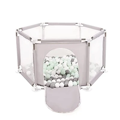 Afbeelding van Selonis Hexagon 6 Side Play Pen met 100 ballen, Grijs: Wit/Grijs/Mint
