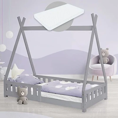 Afbeelding van Kinderbed met uitvalbeveiliging en lattenbodem 80x160 cm Lichtgrijs grenen hout ML Design