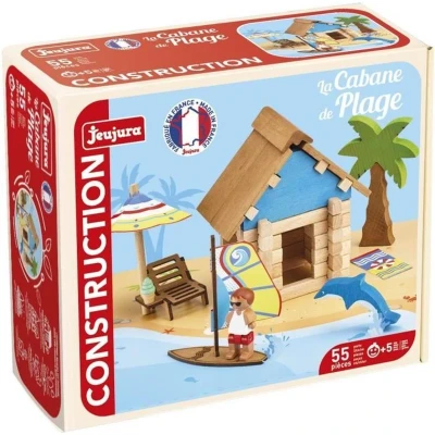 Afbeelding van De Strandhut 55 Stuks JEUJURA Natuurlijk houten constructiespel, inclusief mat en accessoires, 22x18,5x8,5 cm