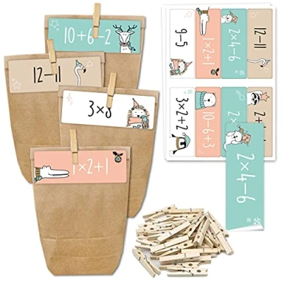 Afbeelding van Adventskalender om te vullen 24 geschenkzakjes en cijferstickers clips motief rekenproblemen zelf knutselen Kerstmis miniset nr. 273