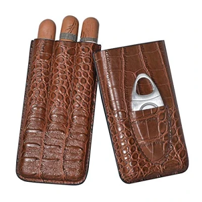 Afbeelding van Volenx Humidor Sigaren, 3 Buizen Krokodil Patroon Lederen Sigaren Humidor, Draagbare Sigarenkoker met Roestvrijstalen Snijder (Bruin)