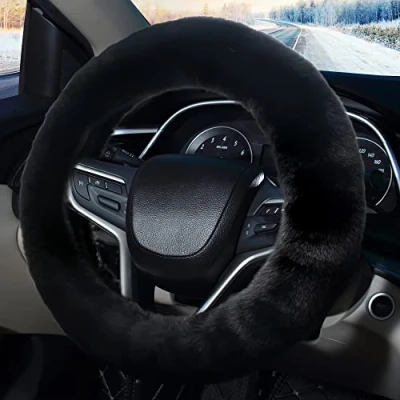 Afbeelding van Pahajim Pluizige stuurwielhoezen, zachte harige auto antislip pluche stuurhoes warme wol universeel 36 39 cm winterautodecoratie voor vrouwen (zwart)