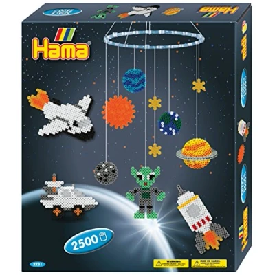 Afbeelding van Hama Perlen 3231 geschenkset, mobiel ruimteavontuur met ca. 2.500 kleurrijke midi strijkkralen diameter 5 mm, 2 stiftplaten, incl. strijkpapier, creatief knutselplezier voor groot en klein