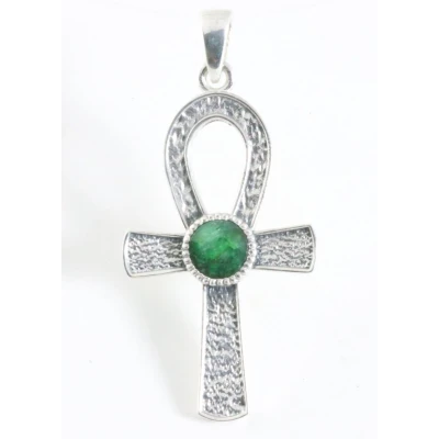 Afbeelding van Bewerkte zilveren ankh hanger met smaragd