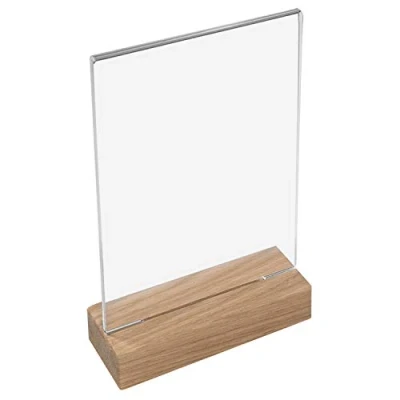 Afbeelding van HMF 46942 acryl tafelstandaard met houten voet, DIN A5 staand formaat, doorzichtig