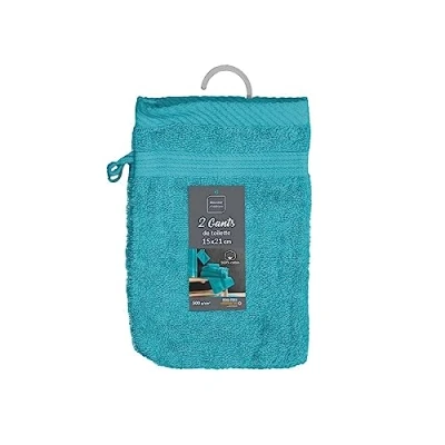 Afbeelding van Douceur d&#039;Intérieur, 2 washandjes, 15 x 21 cm, pauwenblauw, 100% katoen, modieus
