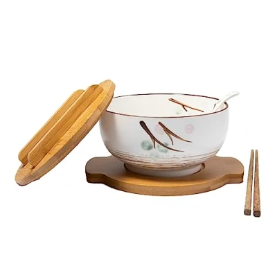 Afbeelding van lachineuse Grote Aziatische Porseleinen Kom Soep &amp; Noedels Witte Tint ø 16 cm Japanse Zen Stijl Inhoud 1000 ml Lepel, Eetstokjes Houder Decoratief Japans Serviesgoed