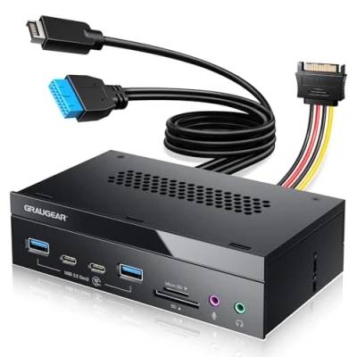 Afbeelding van GRAUGEAR 8 interfaces [10 Gbps] frontpaneel in 5,25 inch met 2 x USB C en A 3.2 Gen2 10 Gbps, SD &amp; microSD kaartlezer, audio I/O, microfoon, hoofdtelefoonaansluiting
