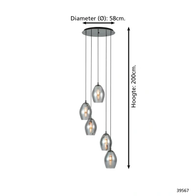 Afbeelding van EGLO Estanys Hanglamp 58 cm 5 lichts E27 rookglas Zwart/Grijs