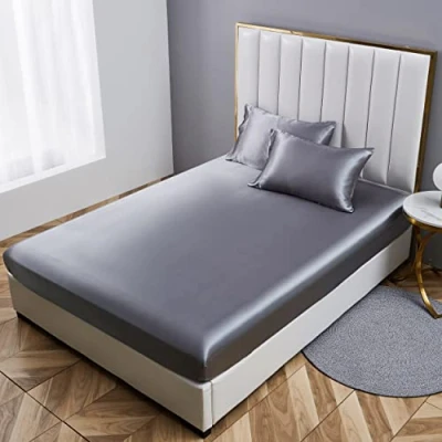 Afbeelding van Damier Satijnen hoeslaken, 160 x 200 cm, donkergrijs met zijdeglans, luxe effen geschikt voor matrassen tot 30 cm hoog