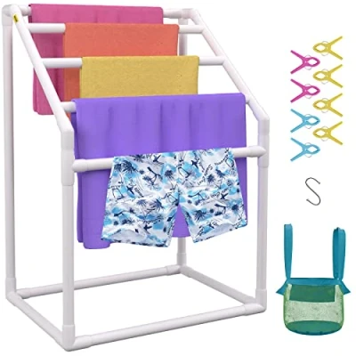 Afbeelding van VEVOR Zwembadhanddoekenrek, 5 bar, wit, vrijstaande outdoor PVC Trapedozal opbergorganizer aan het zwembad, inclusief 8 handdoekclips, gaastas, haak, slaat ook drijvers en peddels, voor strand,