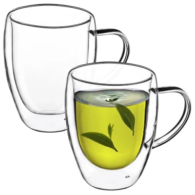 Afbeelding van KADAX Dubbelwandige glazen mok, glas met handvat, 270 ml, drinkglas voor sap, thee, koffie, drank, water, ijsthee, cappuccino, universeel glas, theeglas, hoogwaardige kwaliteit (2)