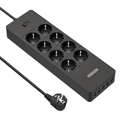 Afbeelding van NTONPOWER Stekkerdoos USB, Wandmontage met Meerdere Stopcontacten, 8 Voudige Stopcontactadapter 5 4000W 16A, 1700 Joule Overspanningsbeveiliging, Kinderbeveiliging, Koperen kabel van 1,5 m Zwart