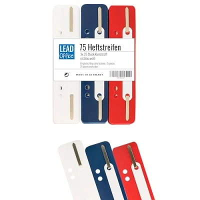 Afbeelding van 75 hechtstrips kunststof, 3 bundels á 25 stuks MADE IN GERMANY (rood, blauw, wit)