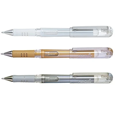 Afbeelding van Pentel Hybrid Gel Grip DX K230/3 gelroller, metallic, 1 mm, goud, zilver en wit, 3 stuks