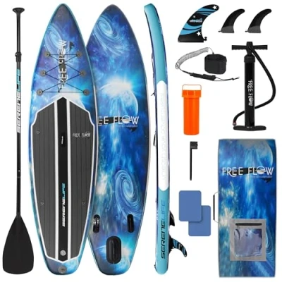 Afbeelding van SereneLife Opblaasbaar stand up paddleboard (15 cm dik) met premium sup accessoires en draagtas, brede stance, slanke onderkant voor peddelen, surfcontrol, antislip dek, jongeren volwassenen