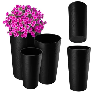 Afbeelding van KADAX Set van 3 decoratieve plantenbakken in zwart, H 36,8/47/57,5 cm, kunststof met houtsplinters, afneembaar inzetstuk, moderne bloempotten voor kantoor of thuis
