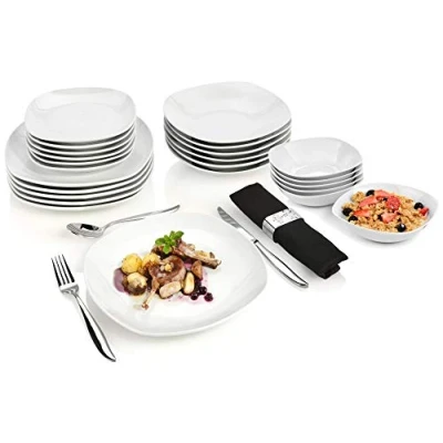 Afbeelding van SÄNGER Bilgola Tafelservies, wit, 24 delige serviesset van porselein voor 6 personen, bordenset rechthoekig, platte borden, premium collectie