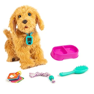 Afbeelding van Joy Toy MOJI, De grote interactieve labradoodle puppy met 150 reacties. knuffelige hond reageert op spraakopdrachten, aanraking en meegeleverde kaarten, 35 cm