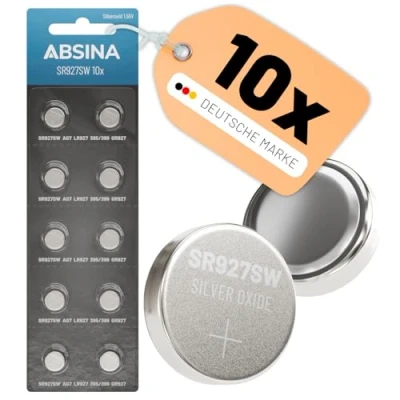 Afbeelding van ABSINA SR 927 SW horloges, knoopcel, 1,55 V, zilveroxide, verpakking van 10 stuks, horloge batterij 395/399 / AG7 LR927 SR927SW horlogebatterij, lekvrij en lange houdbaarheid
