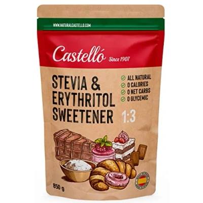 Afbeelding van Zoetstof Stevia + Erythritol 1:3 1g = 3g suiker 100% Natuurlijke Suikervervanger 0 Calorieën Glycemische Index Keto en Paleo Netto Koolhydraten Non GMO Castello since 1907 850 g