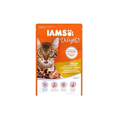 Afbeelding van Iams Delights volwassen kip &amp; kalkoen, natvoer voor katten, proefgrootte, enkele zak (85 g)