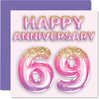 Afbeelding van Mooie 69e verjaardag kaart voor vrouw vriendin man vriend roze paarse glitter ballonnen gelukkige 69 kaarten van familie, 145mm x wenskaarten negenenzestig jubileum