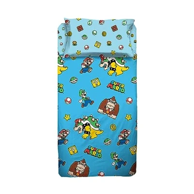 Afbeelding van Super Mario Beddengoedset voor eenpersoonsbed, kussensloop, hoeslaken, 100% katoen, lichtblauw