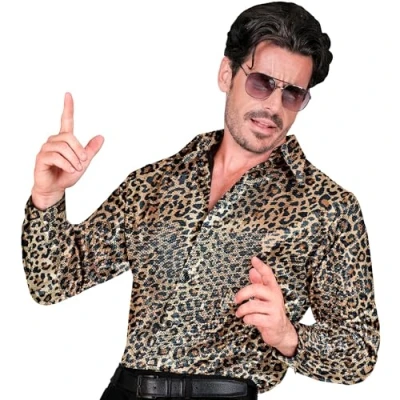 Afbeelding van Widmann Jaren 80 &amp; 90 Kostuum Shiney Pailletten Overhemd Zwart Man XXL Carnavalskleding Verkleedkleding