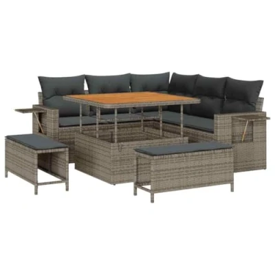 Afbeelding van vidaXL 8 delige Tuin Sofa Set met Kussens Grijs Poly Rattan Acacia, 3 Eetset Acacia